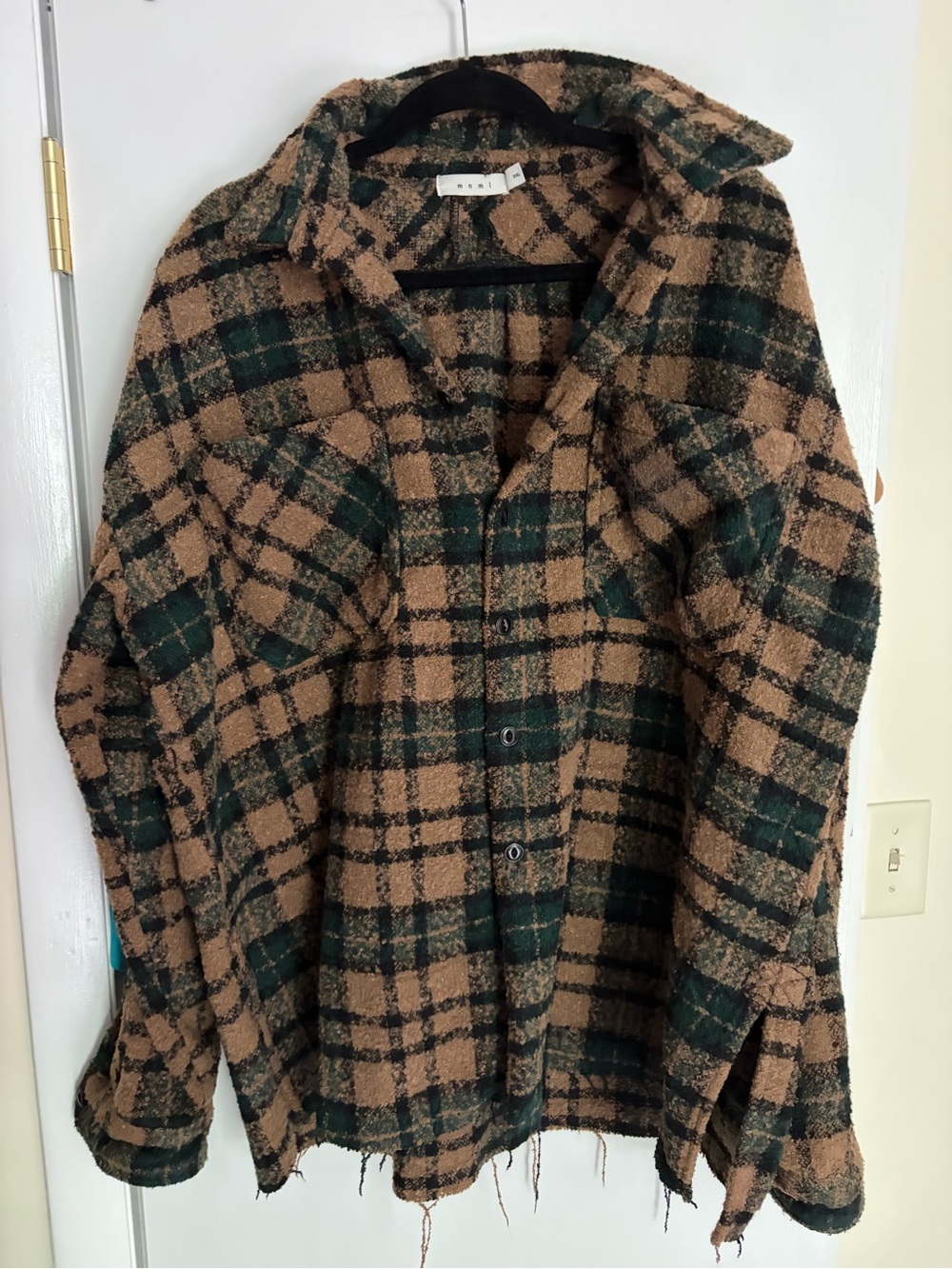Plaid Button-Up Shacket Jacket in Brown & Dark Green, Warm and Thick!